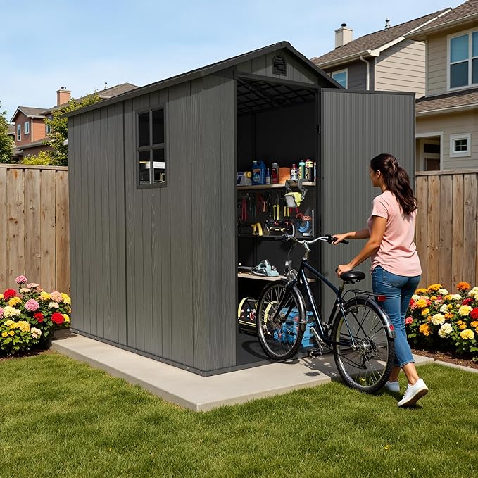 Devoko 4x6 FT Outdoor Storage Plastic Shed, Waterproof Resin Garden Shed with Lockable Door, Floor & Window, All-Weather Tool Shed for Backyard, Patio, Lawn, Poolside, Dark Gray