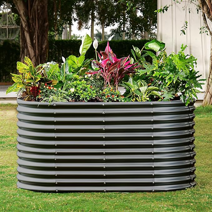 Land Guard 6x3x3ft Oval Galvanized Raised Garden Beds, Large-Capacity Metal Planter Box Outdoor, Durable Deep Raised Garden Bed 3ft Tall, Raised Beds for Gardening Vegetables, Dark Grey