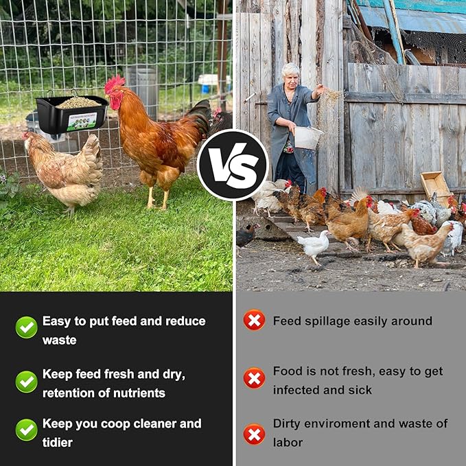 Chicken Feeder Waterer, 10 Pack Duck Feeder Supplies, Hanging Fence Feed Trough with Clips for Goat, Sheeple, Piglet, Gooses, Turkeys, Dog Livestock Poultry, Black