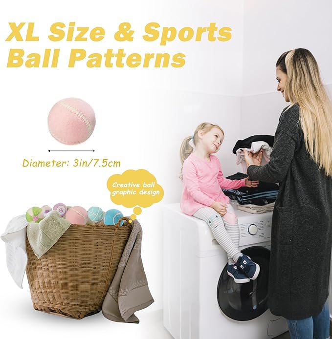 Wool Dryer Balls XL Size 6 Pack - Cute Dryer Balls with Ball Patterns Natural New Zealand Wool Balls Fun Dryer Balls Laundry Reusable Anti Static (Ball Patterns with Creative Color)