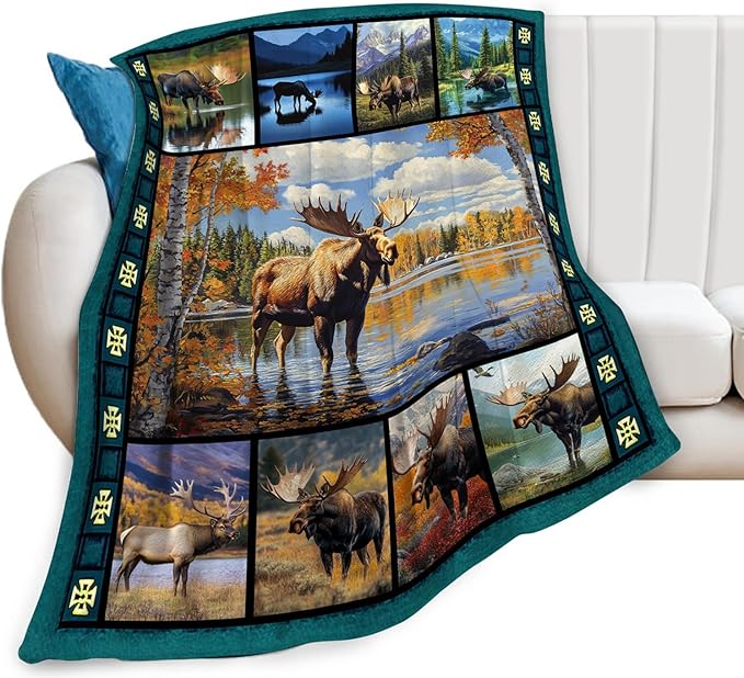 Moose Blanket, Rustic Cabin Throw Blanket, Forest Deer Gifts Blankets Wildlife Stuff Fleece Flannel Plush for Girls Women Men Boys Lovers Adults Soft Bedding for Sofa Bed Office Home Decor 40"X50"