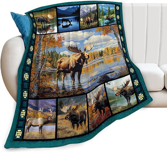 Moose Blanket, Rustic Cabin Throw Blanket, Forest Deer Gifts Blankets Wildlife Stuff Fleece Flannel Plush for Girls Women Men Boys Lovers Adults Soft Bedding for Sofa Bed Office Home Decor 60"x50"