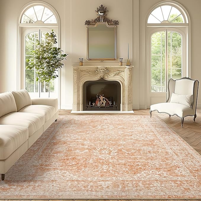 Madane Washable 6x9 Area Rugs for Living Room, Vintage Rug with Non-Slip Backing, Soft Stain Resistant Throw Rugs Thin Carpet for Bedroom Dining Room Farmhouse (6 x 9, Jasper Orange)
