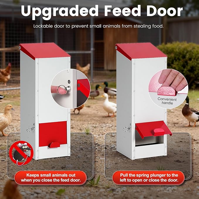 8Lbs Metal Chicken Feeder with Lockable Feed Door, Hanging Chicken Feeders No Waste Automatic Gravity Poultry Chick Bird Quail Feeder