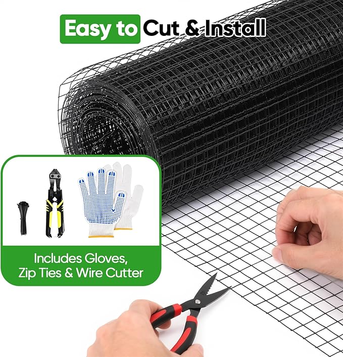 Black Hardware Cloth 24in x 100ft – 19 Gauge Vinyl Coated Steel Wire Mesh Roll, 1" Square Welded Fence for Chicken Coop, Garden Barrier, Animal Control, Outdoor Pet Enclosure, Rodent Proofing