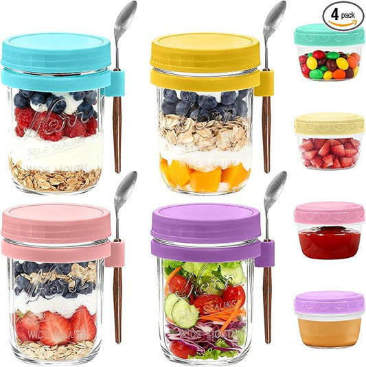 4-pack Overnight Oats Containers with Lids, Spoons & Small Containers for Nuts, 16oz Glass Mason Overnight Oats Jars with Airtight Lid, Reusable Chia Pudding Jars Yogurt Parfait Container with Lids
