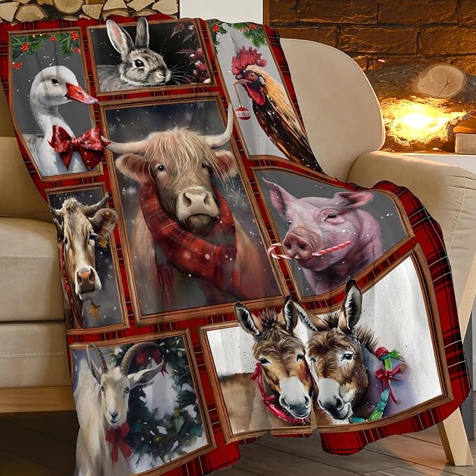Christmas Blanket Highland Cow Farm Animal Throw Blanket Ultra Soft Cozy Fleece Goat Chicken Goose Duck Pig Donkey Gift Fuzzy Plush Bedding Blankets for Kids Adult Girls Boys Women Men 60"x50"