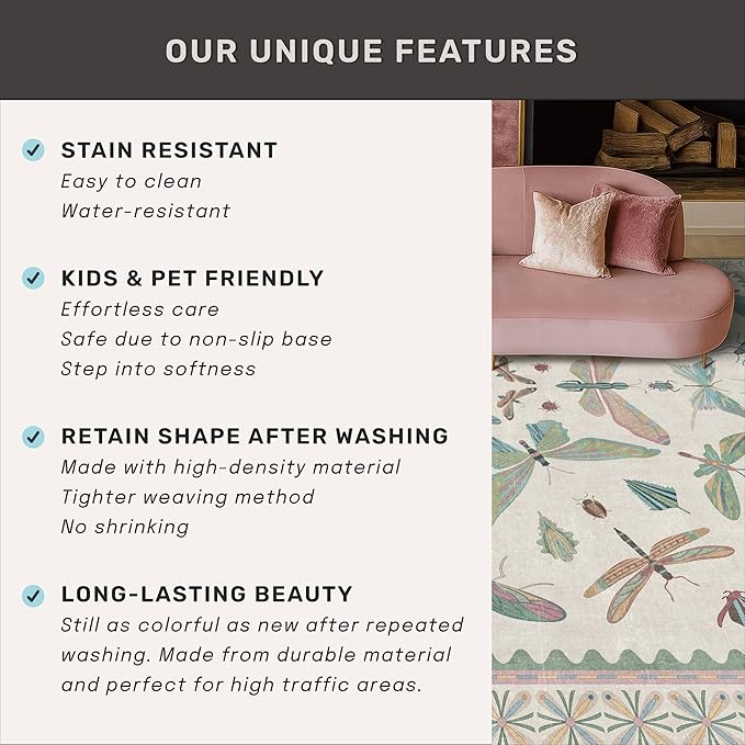 Washable Non Slip Bathroom Runner Rug 2x5, Insect Boho Bath Mat, Stain Resistant Low Pile Butterfly Insect Print Rugs for Laundry Room, Powder Room, Beige Green