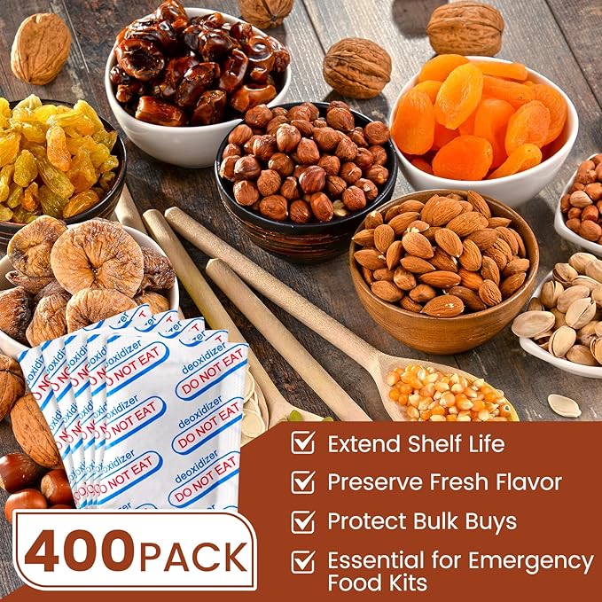 400 Count 500cc Oxygen Absorbers, 10 Individually Vacuum Sealed Packs with Oxygen Indicator, Mylar Bag Food Storage, Canning Jars, Freeze Dryer Storage, Dehydrated and Preserved Foods