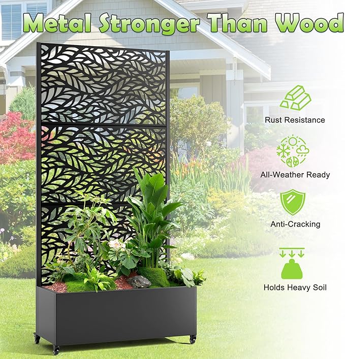 15.7"×70.9"×35.4" Metal Raised Garden Bed with Trellis and Wheels - Tall Trellis Planter Box for Climbing Plants, Vegetables & Vines - Outdoor Privacy Planters for Patio (Black-Spring)