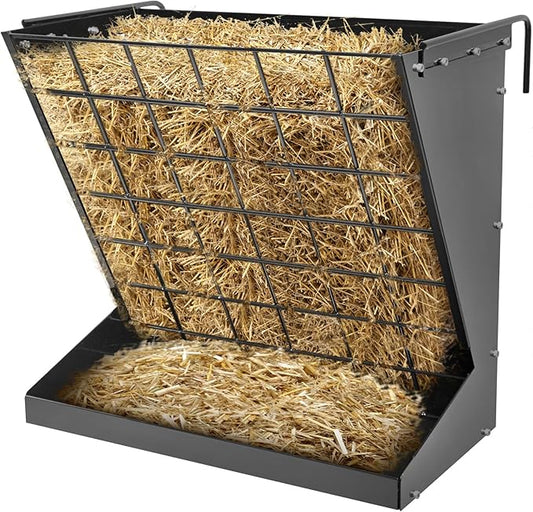 Wall Mount Hay Rack, Heavy-Duty Galvanized Metal 2 in 1 Hay and Grain Feeder, Livestock Feeder with Adjustable Distance, Hay Feeder for Goats, Sheep, Horse