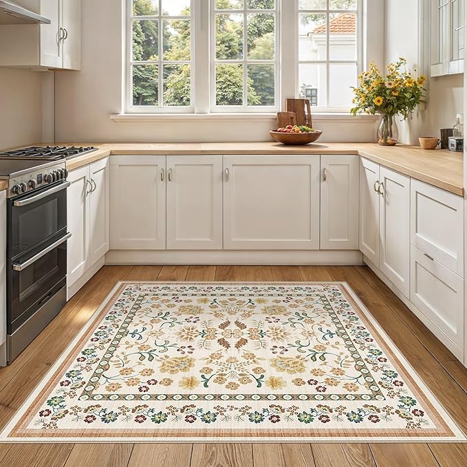 Square Area Rugs : Washable 5x5 Floral Carpet for Living Room Bedroom - Soft Floor Mat with Non Slip Backing for Kitchen Nursery Dorms Farmhouse Home Decor - Brown