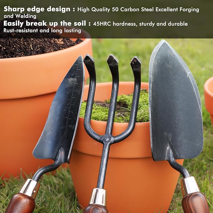 RESTMO Heavy Duty Gardening Tools Kit, 3 Pack Wooden Handle Garden Tools Set Include Trowel, Transplant Shovel, Weeder for Flowerbeds, Potted Plants, Vegetable Garden, Ideal Gardening Gifts for Women