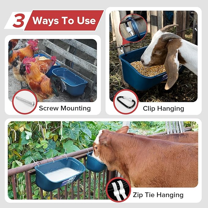 Goovilla Large Feed Trough, Hanging or Screw-in Fence Feeder with Clips, 2 Pack 9 Quart Goat Feeding Supplies, Dog Horse Hog Pig Livestock Poultry Plastic Feeder Trough Bucket for Large Animal, Blue