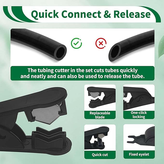 52Pcs 1/4" Drip Irrigation Quick Connect Fittings Kit (12 Couplings, 10 Tees, 12 Elbows, 5 Shut Off Valves, 12 Plugs & Tubing Cutter), Drip Line Connectors for 1/4" Tubing