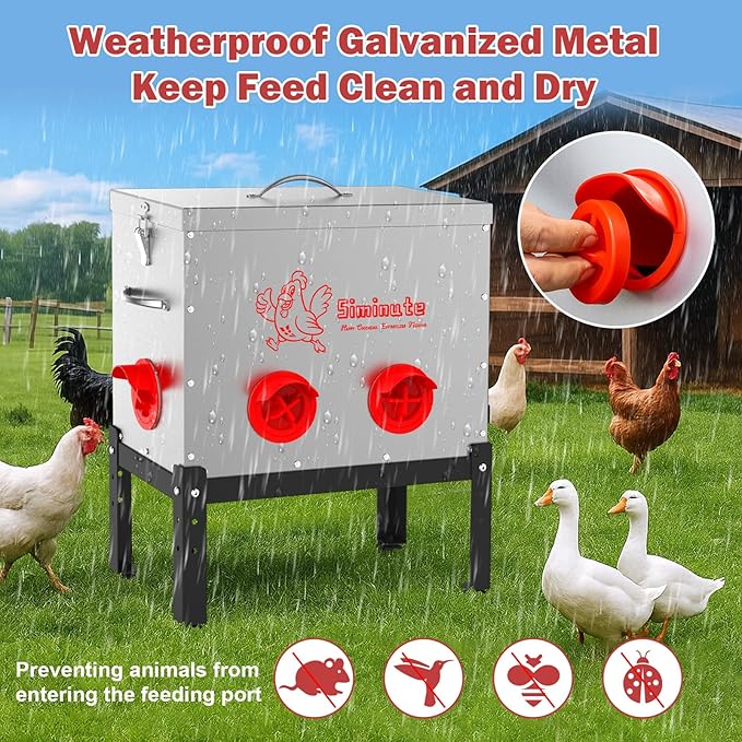 Automatic Chicken Feeder, 40 Lb Capacity 6 Port Large Metal Chicken Feeders, No Waste Poultry Feeder with Locking Lid & Legs, Large Chicken Feeder for Inside Chicken Coops