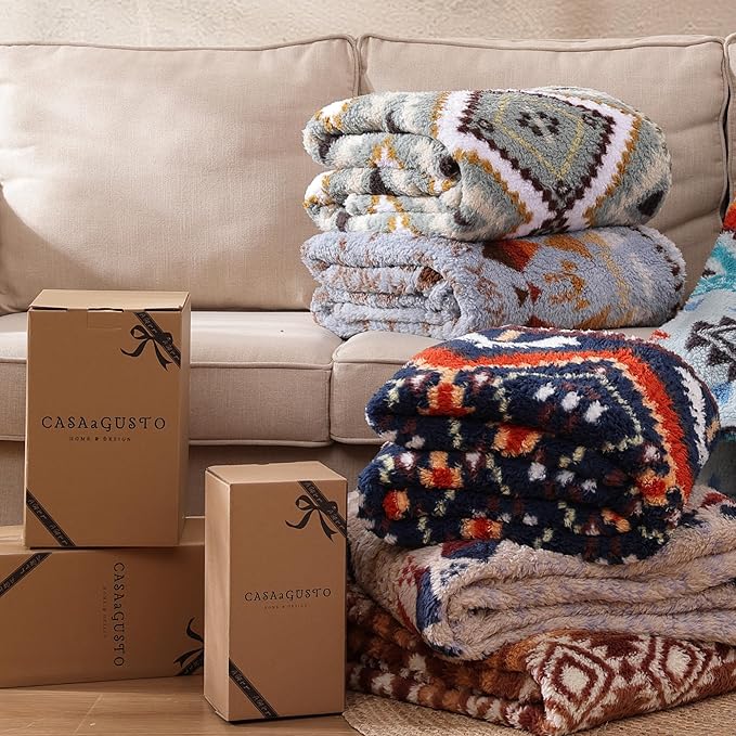 CASAAGUSTO Boho Sherpa Throw Blanket, Aztec,Ultra Soft, Warm, Cozy, Plush, Thick Fleece Throw Blanket for Couch, Bed, Sofa (Olive Green 50 * 60 Inch)