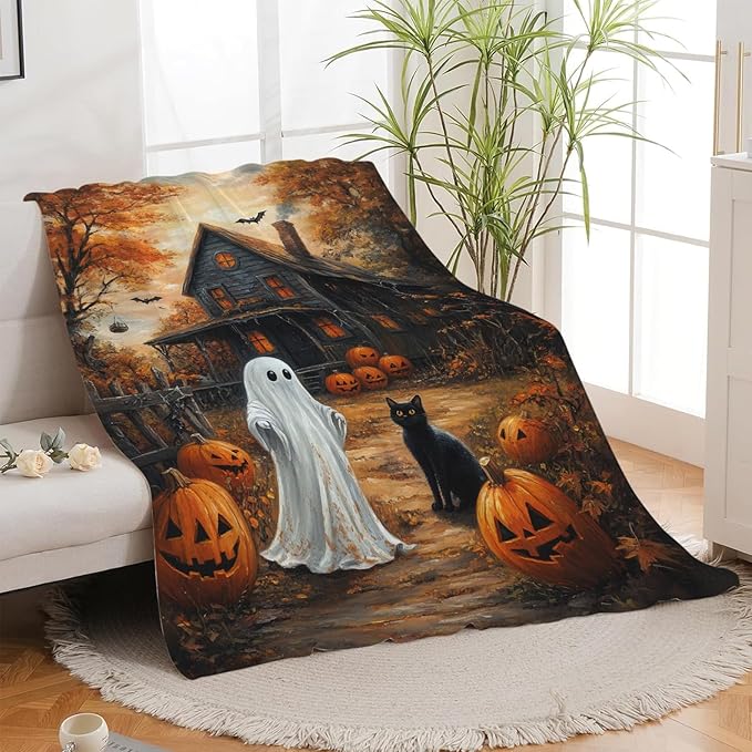 Halloween Blanket, Ghost Black Cat Fleece Flannel Throw Blanket, Pumpkin Soft Lightweight Stuff Throws Gifts for Women Men Boys Girls Lovers Adults Lovers Sofa Decor 80"x60"