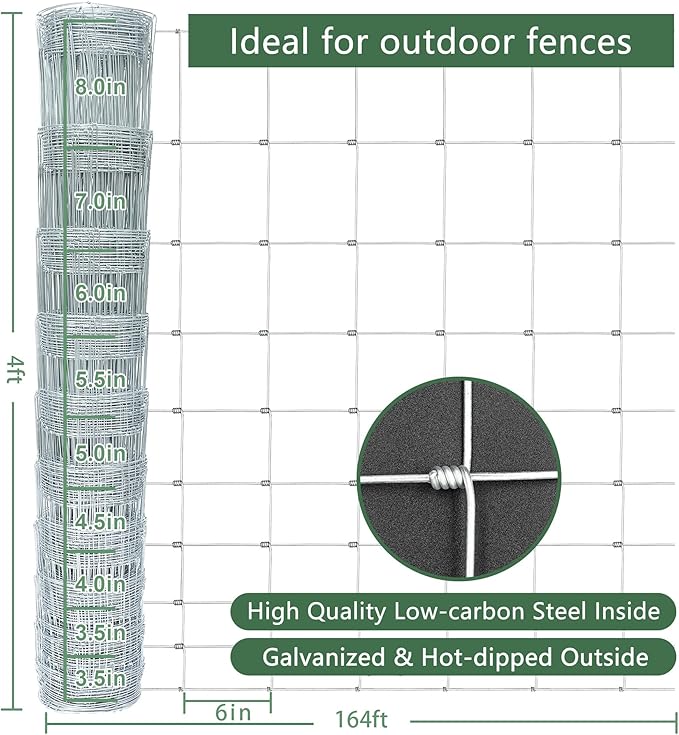 Livestock Fence, 4ft x 164ft Galvanized Cattle Fence, Heavy Zinc Coating Wire Fencing,Farm Fence for Hog Goat Deer Horse