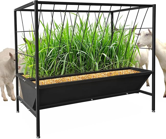 Garvee Pasture Hay Feeder 45 Gallon, Heavy-Duty Steel Hay Grain Livestock Feeder with 24 Gallon Feed Pan, Livestock Feeding Trough for Sheep, Goats, Calves, Cow, Horse, Black