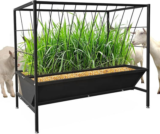 Garvee Pasture Hay Feeder 45 Gallon, Heavy-Duty Steel Hay Grain Livestock Feeder with 24 Gallon Feed Pan, Livestock Feeding Trough for Sheep, Goats, Calves, Cow, Horse, Black