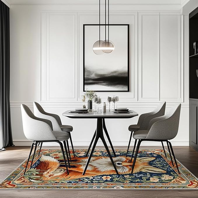 4x6 Fox Area Rugs Boho Floral Flower Rug for Living Room Indoor Soft Non-Slip Thin Large Carpet Vintage Rugs for Bedroom Home Decor Under Table Washable Machine