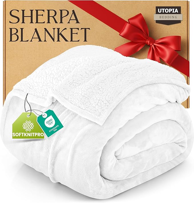 Utopia Bedding Sherpa Blanket California King Size (White, 102x96 Inches) - Soft Lightweight Plush Fleece Reversible Blanket for Bed, Sofa, Couch, Camping and Travel