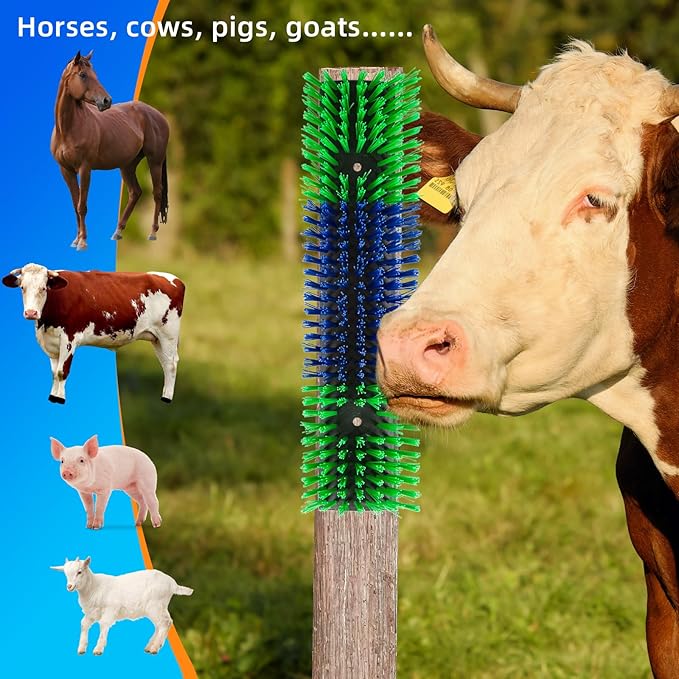 Livestock Scratch Brush for Cattle, Horses, Goats, Cow, Durable Scratching & Massage Grooming Tool for Healthy Coat, Relieves Itching, Easy Install on Fence Posts(4pcs, Green)