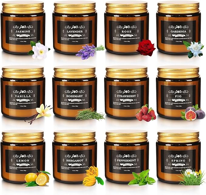 12 Pack Black Apothecary Jar Scented Candles - Natural Soy Wax with Premium Essential Oils, 3.5oz/100g Each, Relaxing Gift Set for Home Decor,Party,Christmas and Other Festivals