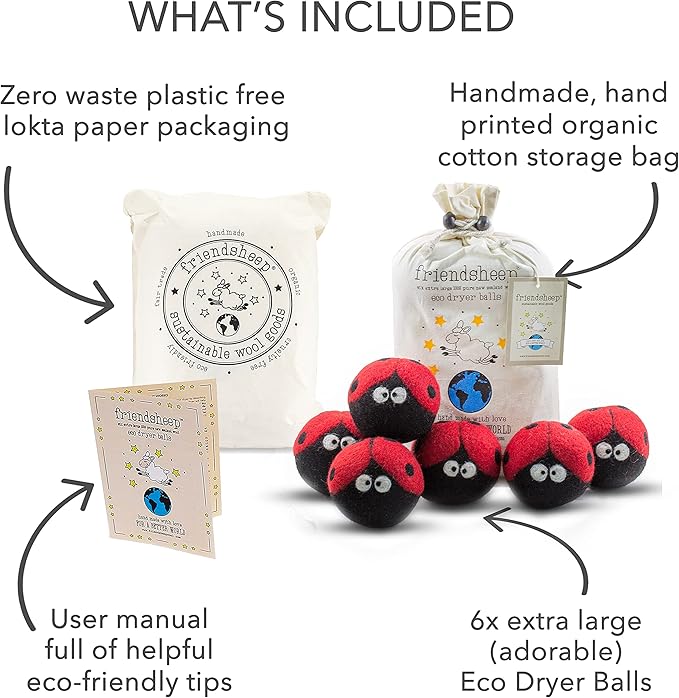 Friendsheep Wool Dryer Balls, Organic Reusable Fabric Softener Alternative for Laundry, Handmade, Fair Trade, Hypoallergenic, Eco-Friendly, Plastic-Free (6 Pack XL – Ladybugs)