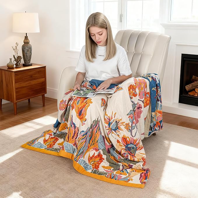 MACEVIA 100% Cotton Boho Throw Blanket, Soft Lightweight Butterfly Floral Design, 60"x80" Twin Size Bedspread for Couch Sofa, Bed, Travel, Cottagecore Decor (Butterfly Floral)