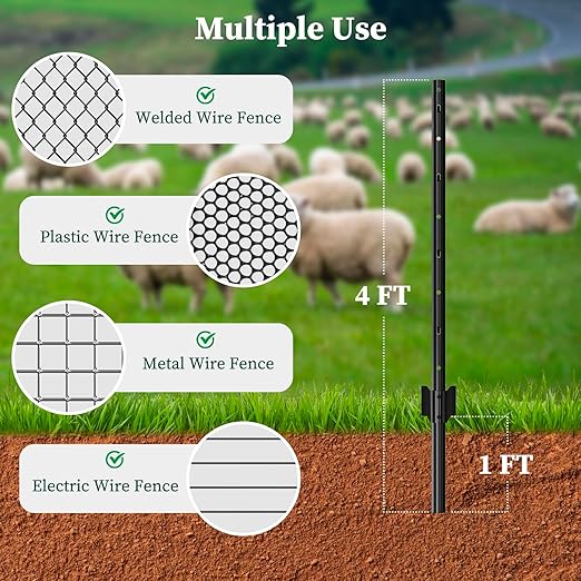 20 Pack Metal Fence Posts, 4ft Heavy Duty U-Post, Black Garden Stakes, No-Dig Post Anchors for Wire Fences, Temporary Fencing, Electric Fence, and Corner Support
