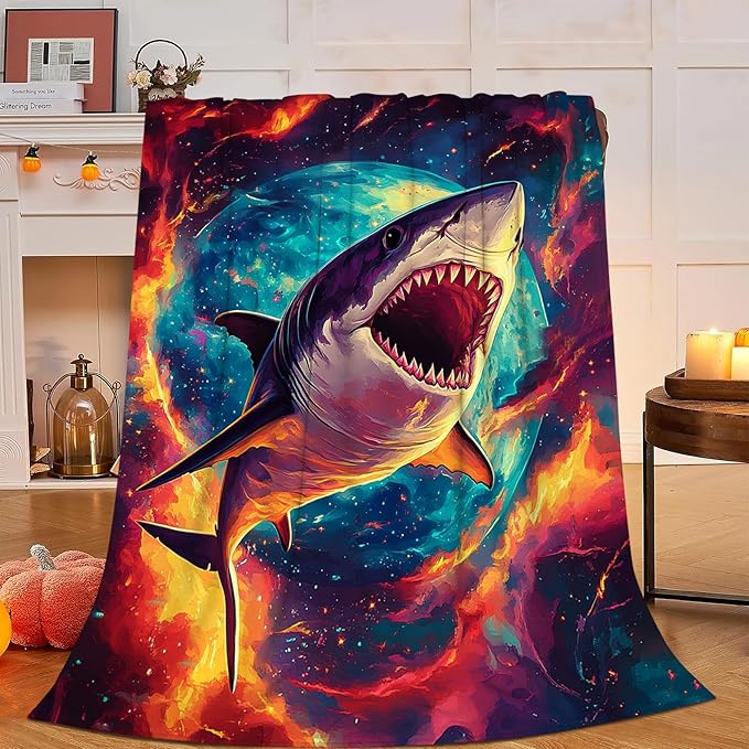 Shark Blanket, Space Shark Throw Blanket Gifts Blankets Stuff Fleece Flannel Plush for Girls Women Men Boys Lovers Adults Soft Bedding Gift for Sofa Bed Office Home Decor 60"x50"
