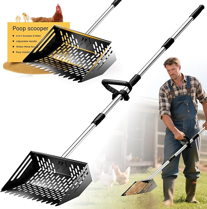 Pugala 5-in-1 Large Chicken Poop Scooper & Rake – 24" to 68" Long Adjustable Stainless Steel Handle, 10" Wide Metal Sifting Shovel Head – Heavy Duty Chicken Coop Cleaning Tool for Litter & Sand,Black