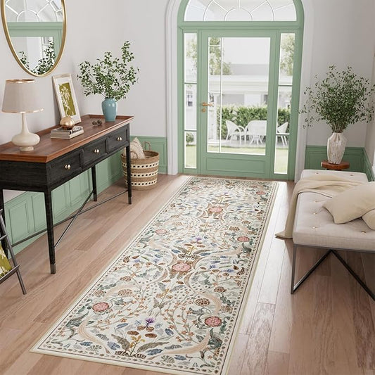 AMTOVO 2.7x8 Runner Rug for Hallway, Washable Non-Slip Long Kitchen Carpet, Floral Vintage Distressed Floor Mat for Hallways Entryway Living Room Laundry Room Bathroom Farmhouse, Beige