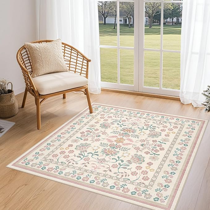 Square Area Rugs : Washable 4x4 Floral Carpet for Living Room Bedroom - Soft Floor Mat with Non Slip Backing for Kitchen Nursery Dorms Farmhouse Home Decor - Pink