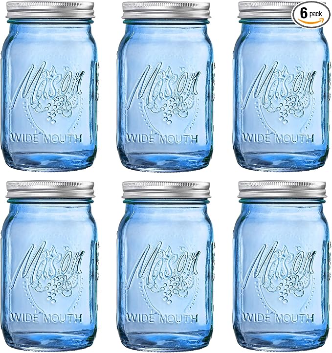 WELLIFE Blue Mason Jars 32 oz, 6 Pack wide mouth mason jars for Canning, Pickling, Food Storage, Fermenting, DIY Crafts & Decor, Glass Jar with Lid