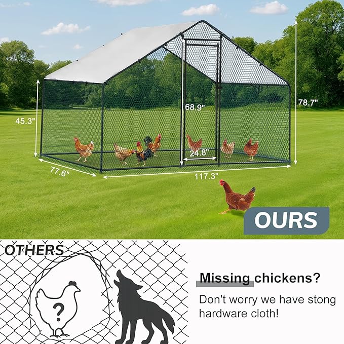VINGLI Chicken Coop, Large Metal Poultry Cage for Chicken Run, Walk-in Chicken Pen with Waterproof & Anti-UV Cover Outdoor (Black-Spire Roof, 6.5 * 9.8 * 6.5 ft)