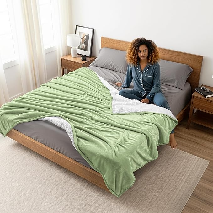 Utopia Bedding Sherpa Blanket Queen Size (Sage Green, 90x90 Inches) - Soft Lightweight Plush Fleece Reversible Blanket for Bed, Sofa, Couch, Camping and Travel