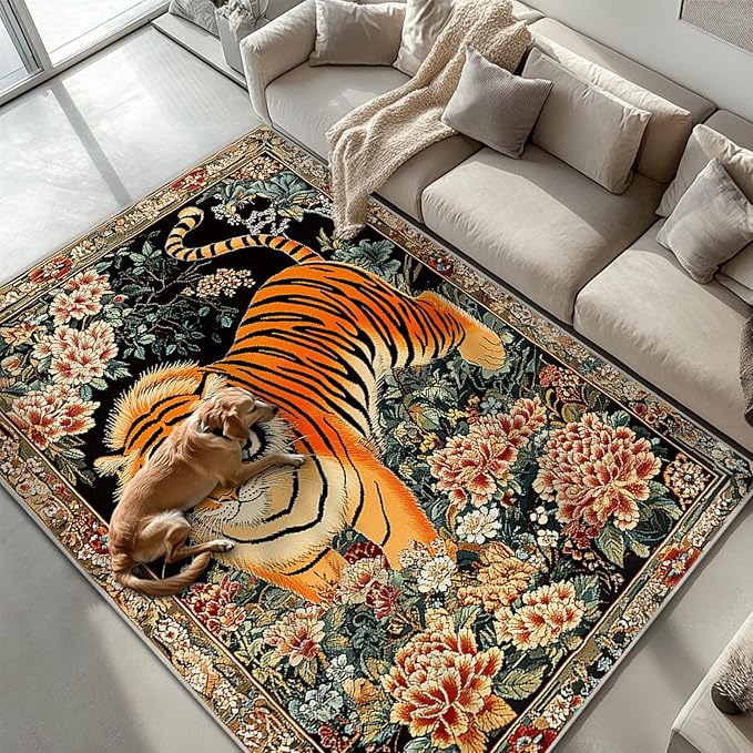 5x7 Tiger Area Rugs Boho Tiger Rug for Living Room Indoor Soft Non-Slip Thin Large Carpet Vintage Rugs for Bedroom Home Decor Under Table Washable Machine