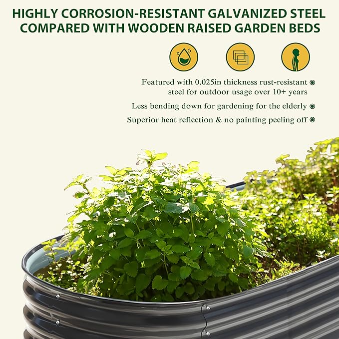 MUPATER 8ftx2ftx1.4ft Raised Garden Bed Outdoor for Vegetables, 9-in-1 Galvanized Metal Planter Box, 17''H Modular Garden Bed Kit Oval for Herbs and Flowers, Grey