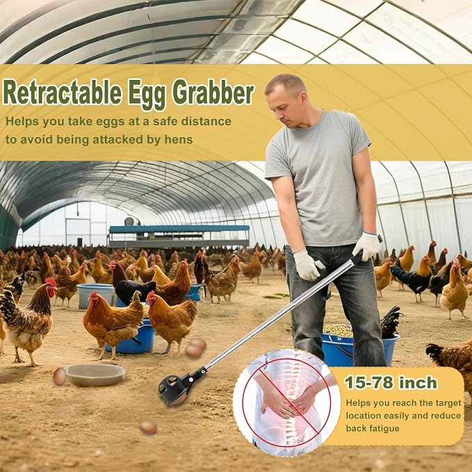 2Pcs Egg Grabber for Chicken Eggs, Extendable Egg Picker Tool with Ergonomic Handle, Stainless Steel Long Grabber Reacher for Coop, Poultry Nest, Farm & Outdoor Egg Collector