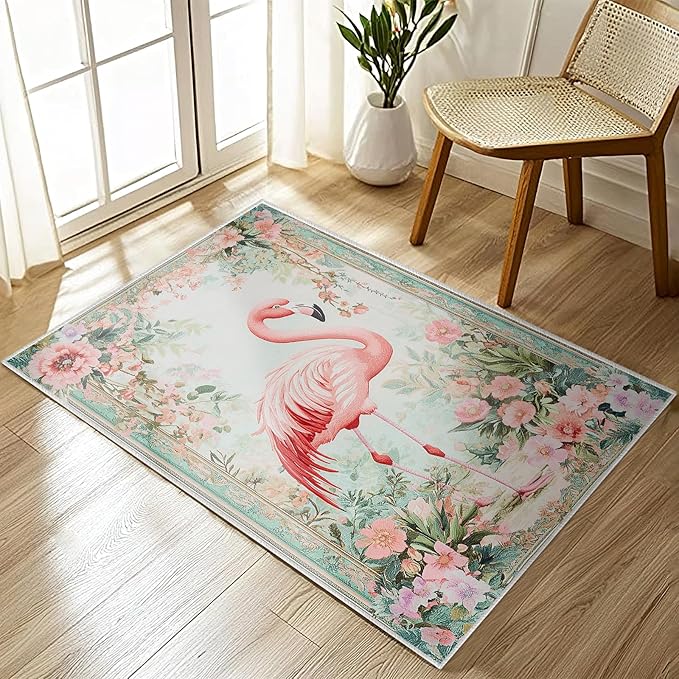 2x3 Flamingo Area Rugs Boho Floral Tropical Rug for Bathroom Kitchen Entryway Indoor Soft Non-Slip Thin Hippie Carpet Small Flower Doormat for Office Dining Room Under Table Washable Machine