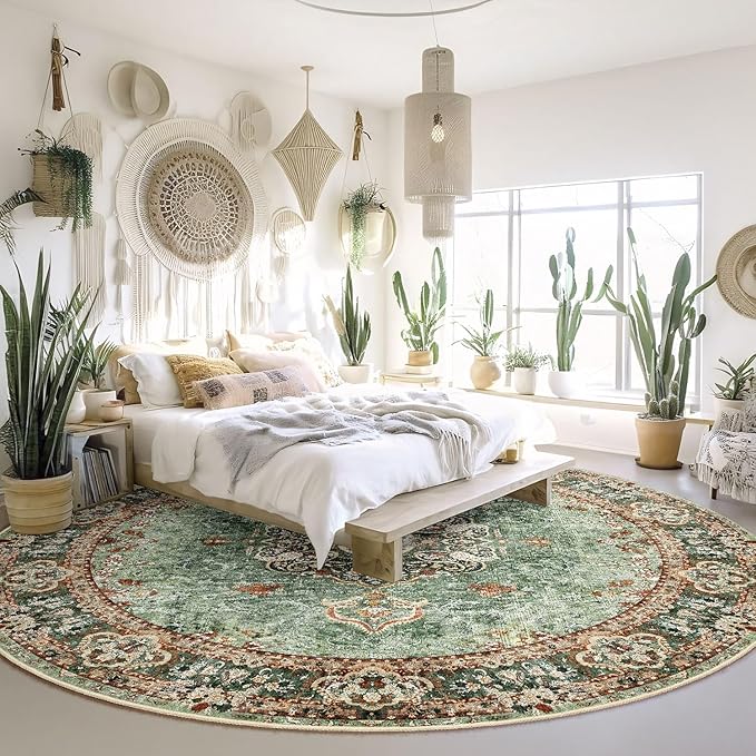 Round Rug 9ft,Large Green Circle Area Rugs for Bedroom Living Room,Washable Boho Vintage Bohemian Distressed Oriental Floral Carpet Non Slip