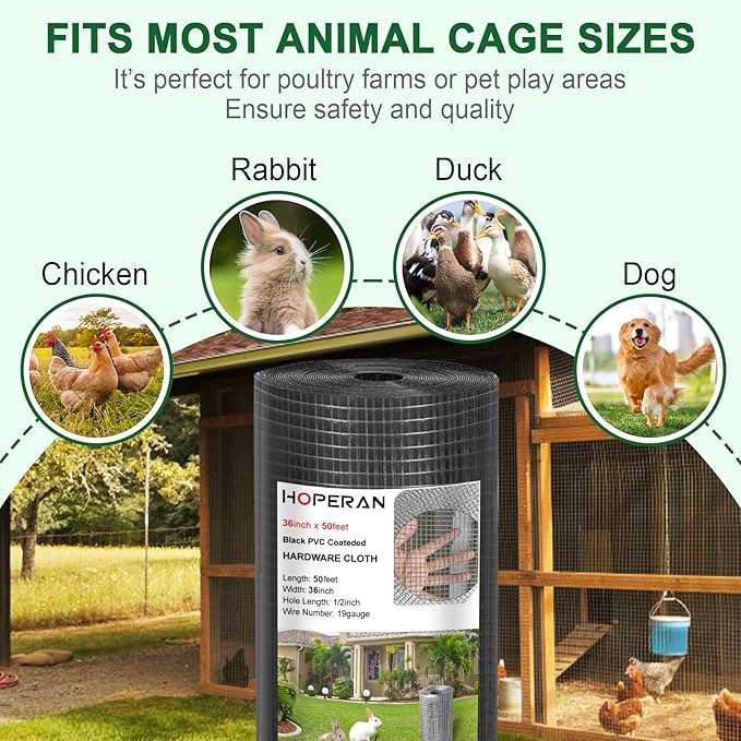 HOPERAN Black Hardware Cloth 1/2 inch 36 x 50 Ft Mesh 19 Gauge PVC Coated Chicken Wire - Vinyl + Galvanized Double Coated Fence - Welded Wire Mesh Roll for Chicken Coop Fencing Garden Fencing