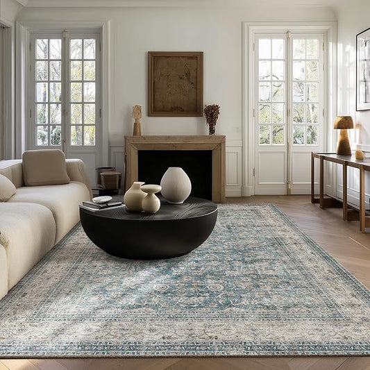 Machine Washable Living Room Rug: 5x7 Area Rugs for Bedroom Vintage Stain Resistant Non Slip Low Pile Lightweight Boho Carpet for Kitchen Dining Room Farmhouse Kids Room Nursery