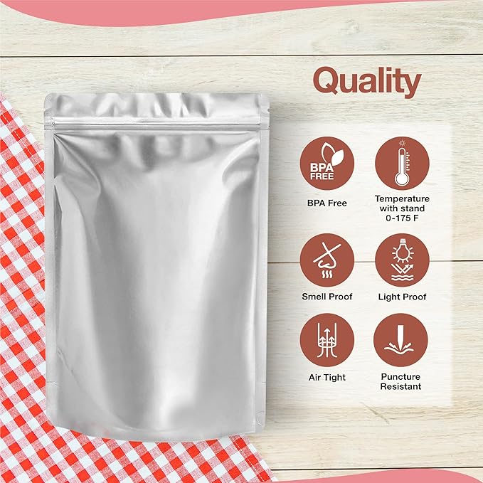 BELLE KR® 1 Quart Mylar Bags for Food Storage - Pack Of 100 - Extra Thick 10 Mil - 7"x10" Resealable Stand Up Mylar Ziplock Bags with Label Stickers