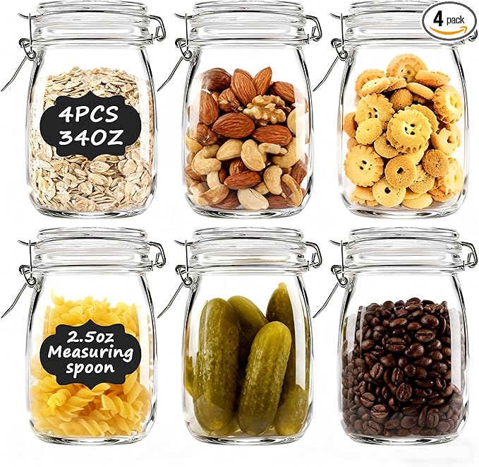6PCS Glass Jars with Airtight Lid, 34 OZ Mason Jars Wide Mouth, Glass Pickling Jars for Canning & Fermenting, Mason Storage Container for Coffee, Flour, Sugar, Pasta