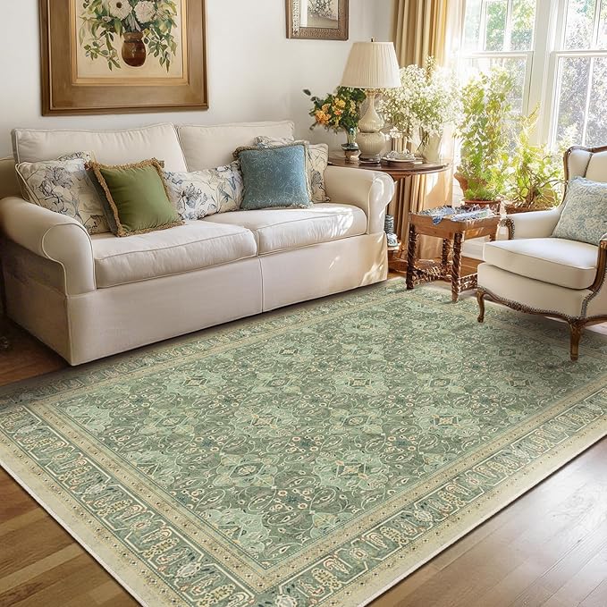 Sage Green 5x8 Area Rug, Non Slip Washable Rugs for Living Room Bedroom Low Pile Thin Soft, Boho Floral Moroccan Pattern Printed Carpet Rug for Nursery Playroom Dining Room Home Office