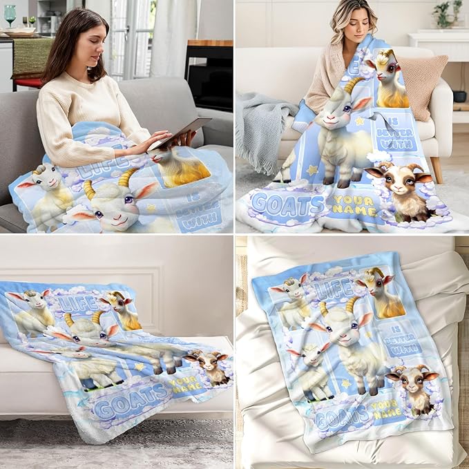 Custom Goat Blanket for Girls - 30x40 Inches Lap Size with Name - Soft Fuzzy Plush Throws Gift - Blue Funny Throw Blanket for Couch, Office